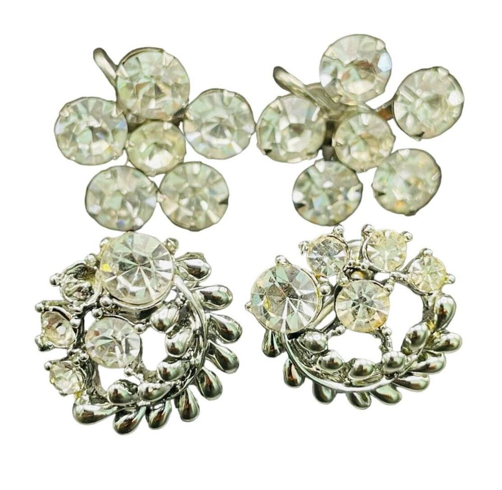 VTG Floral Weiss and Star Signed Screw Back Earrings Silver Tone Rhodium Plated